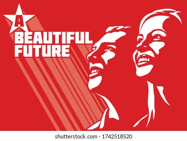 Future Youth Community Of Russia Poster Design. Red Star Propaganda Poster. Hope For A Beautiful Future.