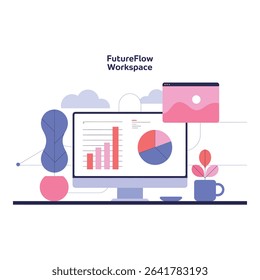 Futureflow workspace with computer and charts in a modern design