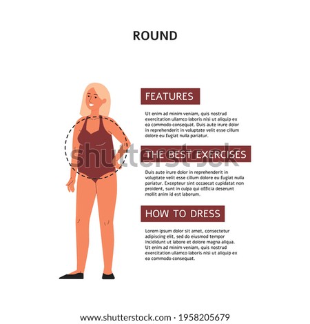 Futures, tips of dressing and exercising for women with round body shape, flat vector illustration isolated on white background. Woman with round body type.