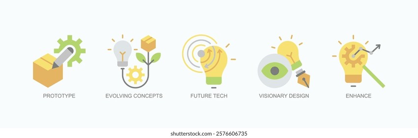 Futurescape Icon Set Isolated Vector With Icon Of Prototype, Evolving Concepts, Future Tech, Visionary Design, Enhance In Flat Style