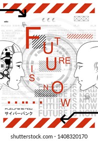 Futurism poster - Future is now. Trandy digital retro illustration for silkscreen clothing and mearch. Cyberpunk poster, Modern retro flyer for web and print. Japanese inscriptions - Future is now