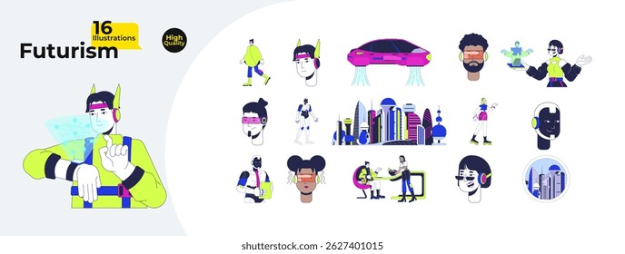 Futurism and sci-fi technology cartoon flat illustrations mega bundle. Scifi wearable, hologram, flying car, cybernetics, robots 2D images isolated on white. Collection vector drawings colorful