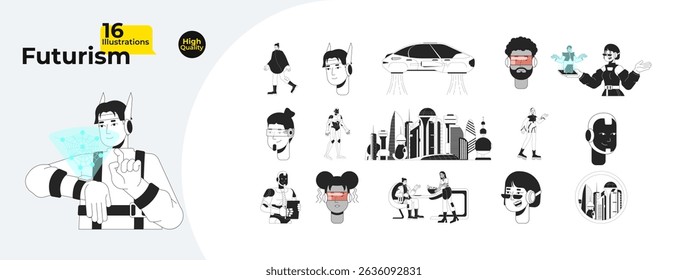 Futurismo e tecnologia de ficção científica ilustrações mega pacote. Scifi vestível, holograma, carro voador, cibernética, robôs imagens lineares 2D isoladas. Coleção de desenhos vetoriais em preto e branco