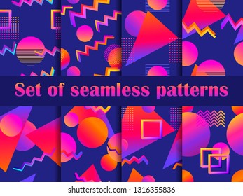 Futurism seamless pattern set. Liquid shape in the style of 80s. Synthwave retro background. Retrowave. Geometric objects with gradient. Vector illustration