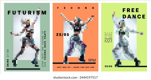 Futurism style print, Y2k Trendy style. Cyber rave posters, pixelated art, colorful, pastel color. Pixels brutal girl. Invite to rave event. Flyer design template with abstract elements. Dance poses