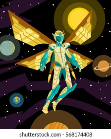 futurist astronaut superhero with solar panel wings