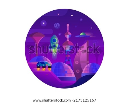 Futurist city on mars with flying cars and other sci-fi vehicles circle icon. Space station gradient scene with human colony on moon or alien planet surface. Universe exploration landscape.