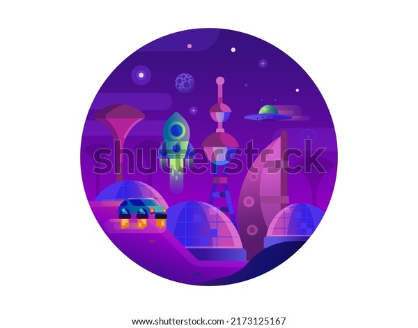 Futurist city on mars with flying cars and\
other sci-fi vehicles circle icon. Space station gradient scene\
with human colony on moon or alien planet surface. Universe\
exploration\
landscape.