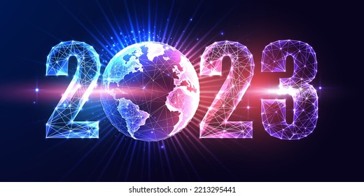 Futuristic 2023 global metaverse world concept banner on dark purple pink and blue background. 2023 New Year international connection business digital web banner. Modern abstract vector illustration