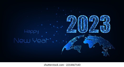 Futuristic 2023 landing page template with 2023 digits and planet Earth map on dark blue background. 2023 New Year global connection business digital web banner. Modern abstract vector illustration