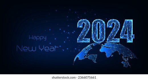 Futuristic 2024 landing page template with 2023 digits and planet Earth map on dark blue background. 2023 New Year global connection business digital web banner. Modern abstract vector illustration