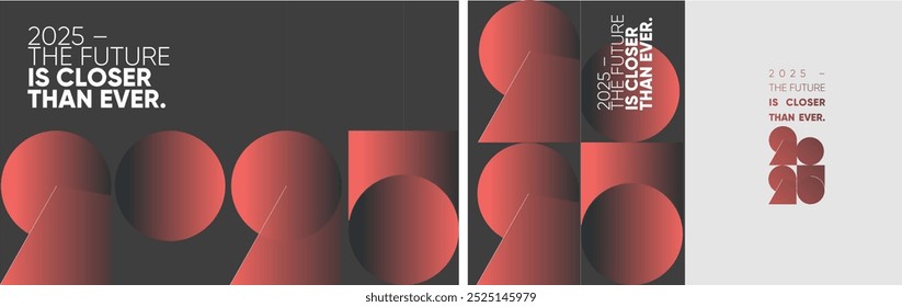 A futuristic 2025 design featuring bold red gradients and geometric shapes, emphasizing innovation. Ideal for banners, cards, and promotional media, with a modern aesthetic.