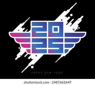 Futuristic 2025 New Year Greeting: Dynamic Winged Logo Design. Vibrant Blue and Pink Gradient Numbers with Abstract White Accents on Black Background. Modern Celebration Graphic.