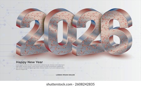 Futuristic "2026" Happy New Year design with metallic 3D numbers and red tech circuit patterns on a digital background.