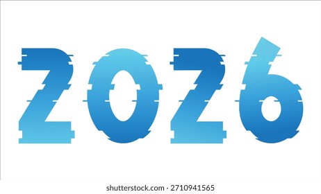 Diseño futurista del número 2026 con un gradiente azul fresco y glitch digital, efecto de error. Cyberpunk y elemento de concepto de año nuevo tecnológico.