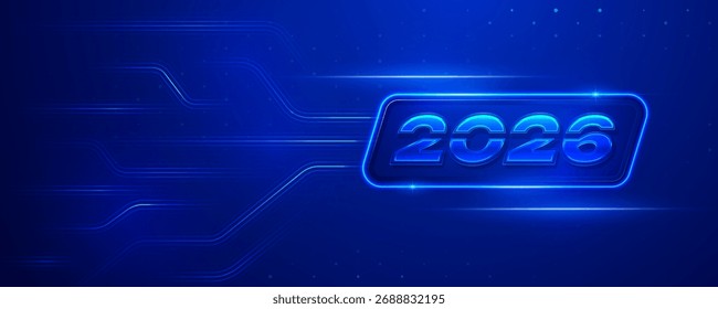 Futuristic 2026 text with circuit lines on a blue background