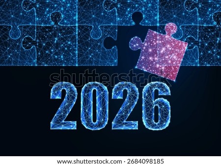 Futuristic 2026 year with glowing blue polygon digits and puzzle pieces. Abstract concept for planning, AI development, strategic goals, tech innovation. Wireframe low poly style. Vector illustration
