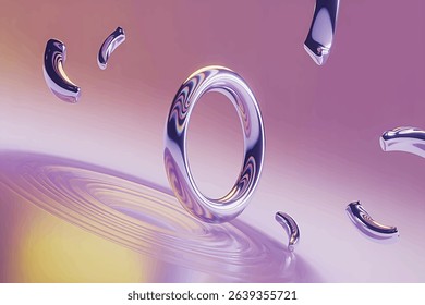 A futuristic 3D abstract scene with floating chrome rings and metallic elements placed on a soft pink-purple gradient background. Ideal for tech visuals, modern branding, and digital art use