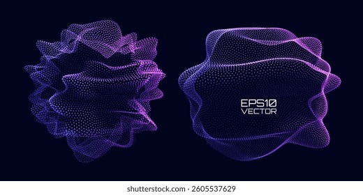Futuristic 3D Abstract Shape With Glowing Dots and Smooth Mesh Structure in Purple and Blue Colors on Dark Background. Perfect for Tech, Music, or AI. Vector Illustration.