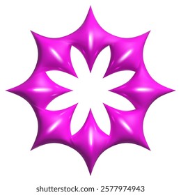 Futuristic 3D abstract star like shape with glossy, vibrant pink finish and smooth reflective surfaces. Modern geometric figure isolated on transparent background. Vector art