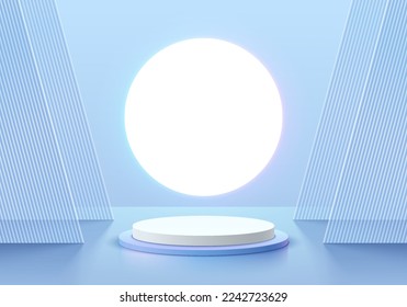 Futuristic 3D background with realistic blue cylinder pedestal podium, Illuminate circle neon and partition scene. Minimal wall scene mockup product display. Vector geometric forms. Stage for showcase