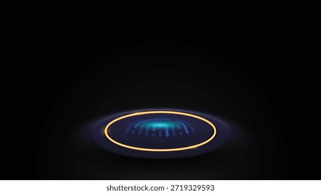 Futuristic 3D biometric fingerprint scanner button with a golden glowing ring on a dark background.