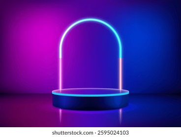 futuristic 3d black podium with a vibrant blue and pink neon ring, glowing against a purple and blue background, technology concepts, product displays, or modern showroom mockups