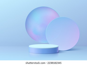 Futuristic 3D blue background with realistic cylinder pedestal podium, Fluid liquid blue hologram in circle window. Minimal wall scene mockup product display. Vector geometric forms. Stage showcase.