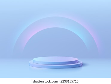 futuristic 3D blue holo background with realistic cylinder pedestal podium, Semi circles glowing neon light. Abstract minimal wall scene mockup product display. Vector geometric forms. Stage showcase.