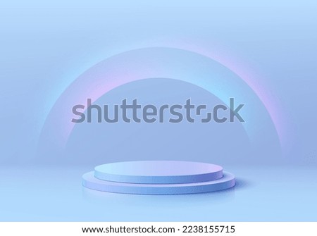 futuristic 3D blue holo background with realistic cylinder pedestal podium, Semi circles glowing neon light. Abstract minimal wall scene mockup product display. Vector geometric forms. Stage showcase.
