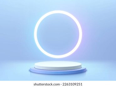 futuristic 3D blue hologram background with realistic cylinder pedestal podium, Glowing neon light circle ring. minimal wall scene mockup product display. Abstract geometric platforms. Stage showcase.