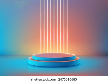 Futuristic 3D Blue Podium with Bright Neon Lights, Ideal for Technology Concepts, Product Displays, and Mockup Showcases