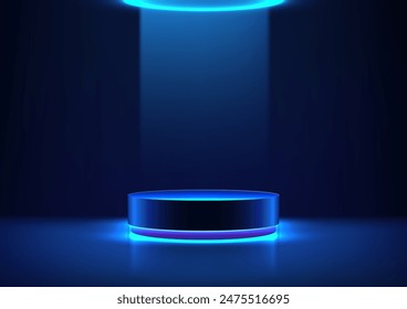 Futuristic 3D Blue Podium with Illuminated Neon Light for Technology Product Presentation and Elegant Mockup Display