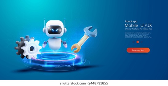 Futuristic 3D bot Service Robot with Tools on Digital Platform. A friendly robot with a wrench and gears on a glowing cybernetic platform, symbolizing AI and automation in technology services.  