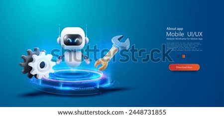 Futuristic 3D bot Service Robot with Tools on Digital Platform. A friendly robot with a wrench and gears on a glowing cybernetic platform, symbolizing AI and automation in technology services.  