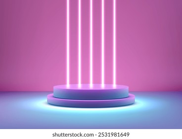 A futuristic 3D circular podium bathed in vibrant vertical neon lights, set against a pink backdrop, Technology concepts, modern product displays, showroom mockups