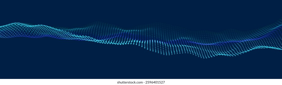 Futuristic 3D digital wave, glowing blue and green dots forming an abstract flowing pattern on a dark blue background. Technology background design representing data flow, AI, and sound waves.