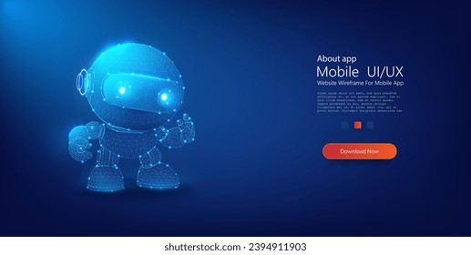 Futuristic 3D Digital Wireframe Robot Illustration Glowing on a Blue Background. Robot chatbot, AI in science and business. Vector illustration