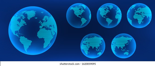 Futuristic 3D Earth Globe set from different angles, full map. Technological 3D world map of stripes with transparent texture. Vector collection HUD hologram Earth Globe