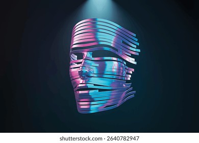 Futuristic 3D face sculpture made of neon light stripes under spotlight