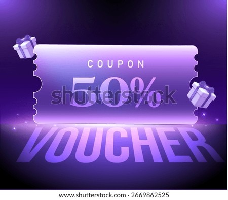 Futuristic 3D glowing 50% discount coupon voucher in purple neon theme, decorated with gift boxes and light effects, ideal for sale and promotional banners. Gift voucher in 3d vector illustration