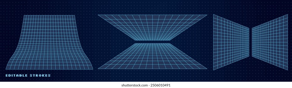 Futuristic 3D grid shapes with wireframe mesh in abstract design. Cool geometric perspective pattern in cyberpunk aesthetic, featuring retro Y2K techno elements. Digital art with neon tech vibes.