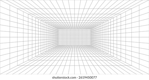 Túnel de rejilla 3D futurista con líneas negras sobre un fondo blanco, creando un efecto de perspectiva profundo e inmersivo ideal para diseños de ciencia ficción, tecnología o retro.