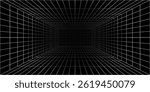 Futuristic 3D grid tunnel with white lines on a black background, creating a deep, immersive perspective effect ideal for sci-fi, tech, or retro designs.