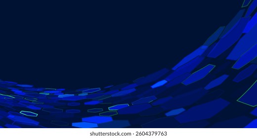 Futuristic 3D hexagonal wave pattern in vibrant shades of blue on a dark background. A dynamic and modern design, perfect for technology, digital innovation, and cyber themes.