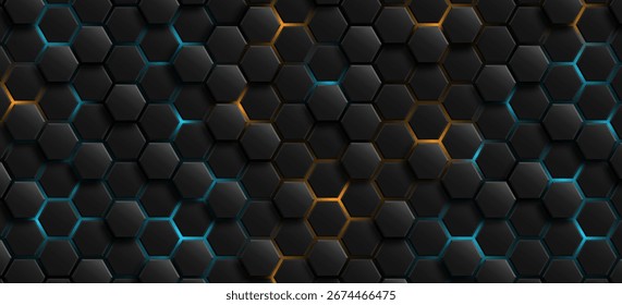 Hexágonos 3D futuristas con luz de neón azul y naranja brillante para fondo biotecnológico. Diseño geométrico con textura de nido de abeja negro para telón de fondo de tecnología o presentación digital. Vector.