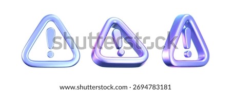 Futuristic 3D holographic warning icon with exclamation mark. Symbol of hacker attack, AI security, data protection, spam, privacy, cybersecurity and digital risk alert for UI, UX design. 3D vector