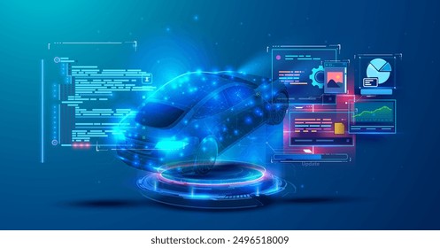 A futuristic 3D illustration of a car surrounded by digital interface elements and data graphs, representing smart automotive technology and innovation, isolated on a blue background.