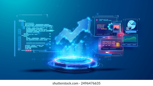 Una ilustración 3D futurista de una interfaz digital con gráficos brillantes, gráficos y Elementos de análisis de datos sobre un fondo azul. Ideal para temas de tecnología, ciencia de datos y crecimiento empresarial.