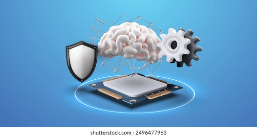 Una ilustración 3D futurista con un cerebro, escudo y equipo en un microchip, que simboliza la inteligencia artificial, la ciberseguridad y la tecnología, aislados sobre un fondo azul.